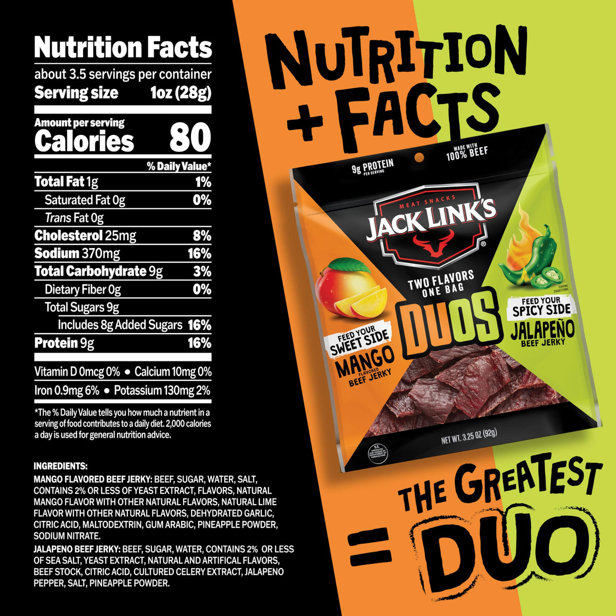 Jack Link's DUOs jalapeño mango jerky close-up highlighting spicy heat and tropical sweetness.