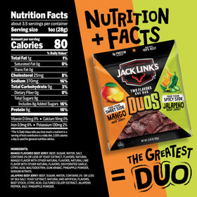 Jack Link's DUOs jalapeño mango jerky close-up highlighting spicy heat and tropical sweetness.