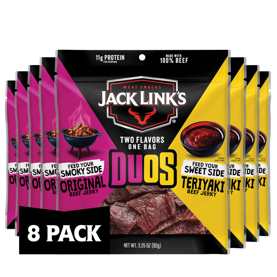 Jack Link's Duos Original/Teriyaki jerky bag front, ideal for on-the-go protein.