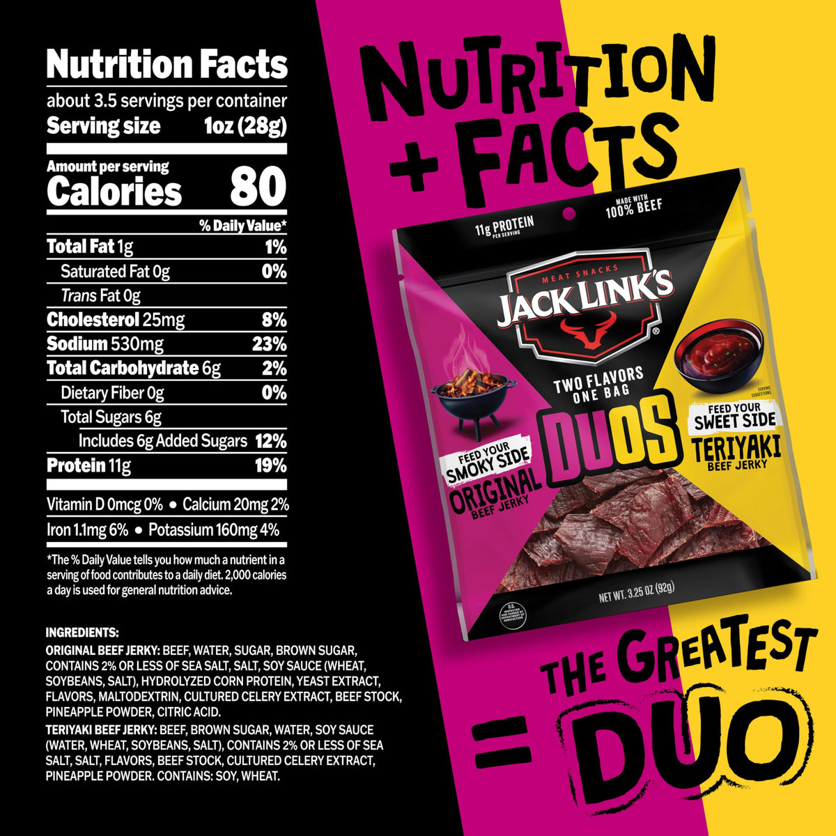 Jack Link's DUOs Original Teriyaki bags show two flavors in one bite.
