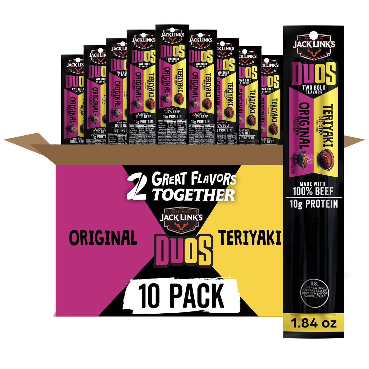 Jack Link's DUOs Original Teriyaki pack front showing two sticks for protein