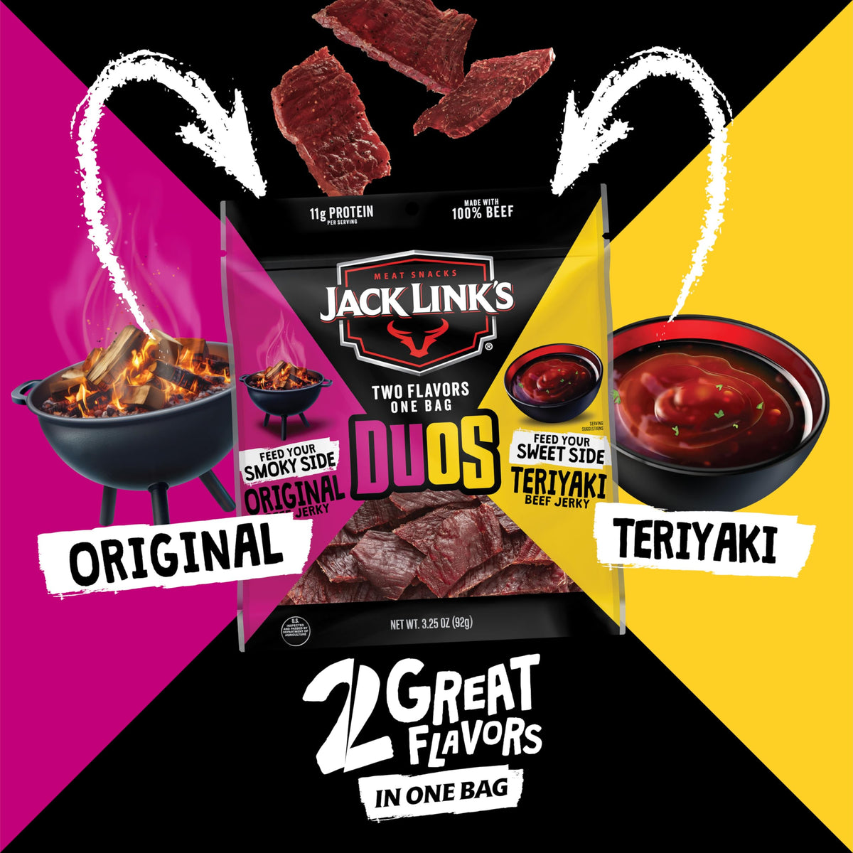 DUOs Teriyaki jerky bag close-up with glossy sweet-savory glaze.