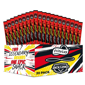 Jack Link's Flamin' Hot meat sticks 20-pack on shelf, smoky protein snack.