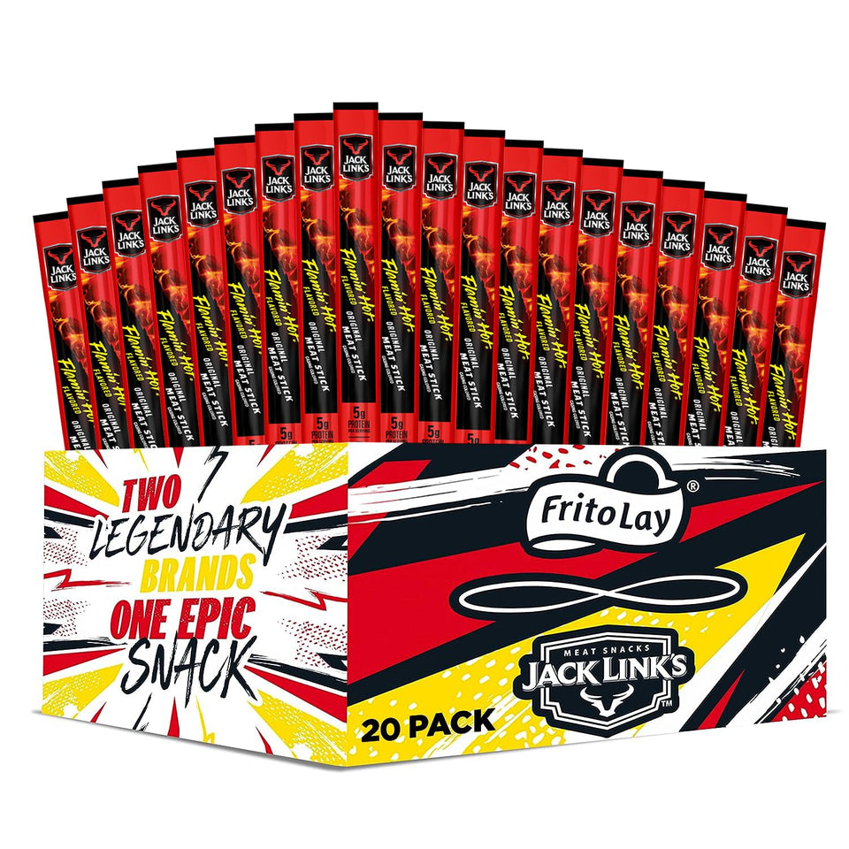 Jack Link's Flamin' Hot meat sticks 20-pack on shelf, smoky protein snack.