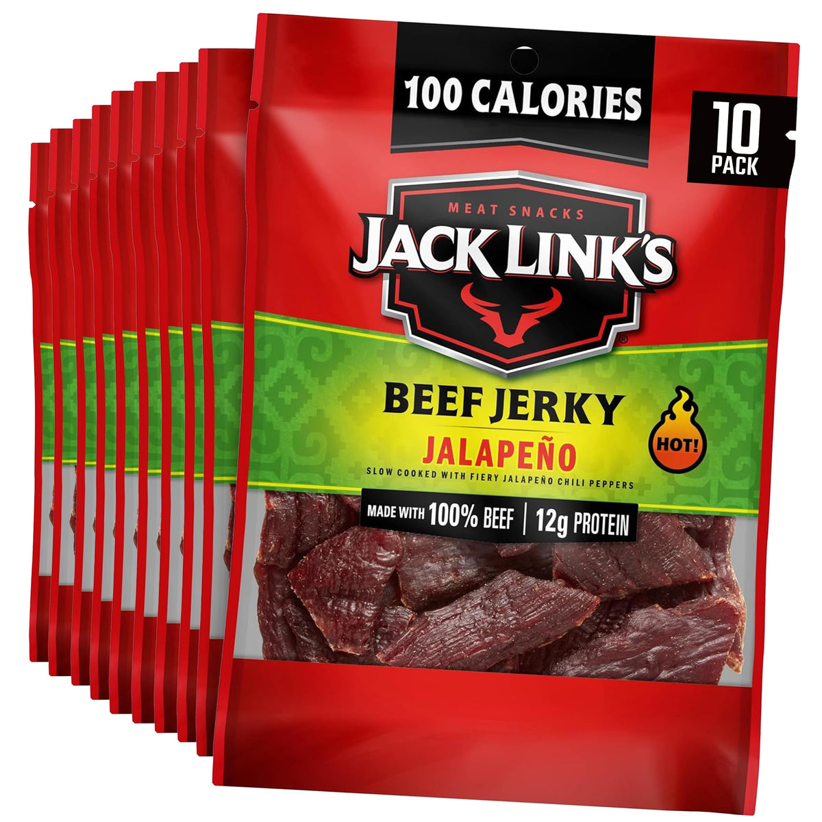 Jack Link's Jalapeño Beef Jerky multipack box with ten 1.25 oz bags for easy on-the-go protein