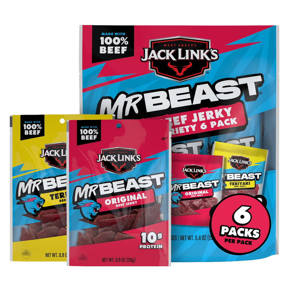 Jack Link's x MrBeast beef jerky variety pack front view for on-the-go snacking