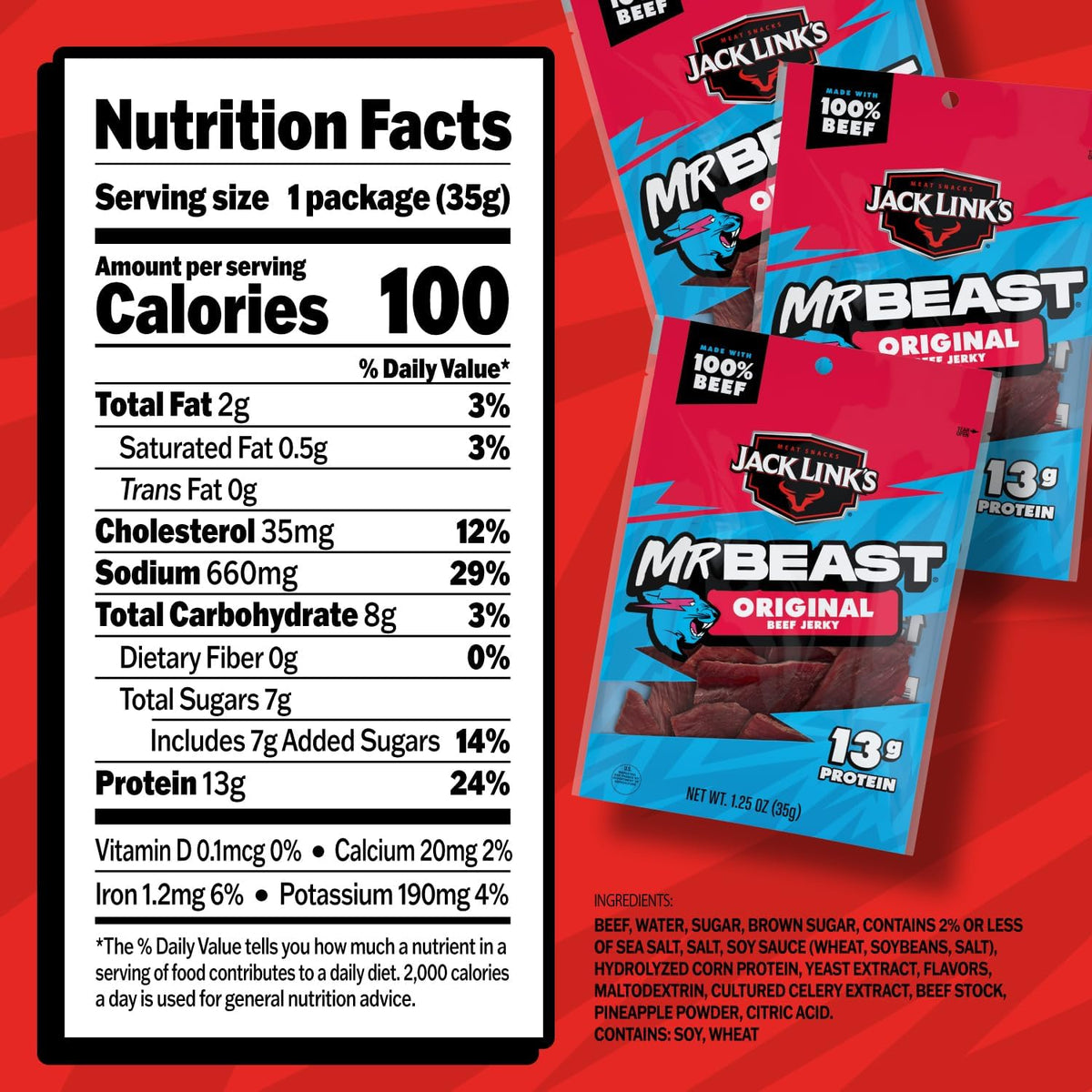 MrBeast beef jerky 1.25 oz bag; convenient, flavorful protein for gym bag snacks.