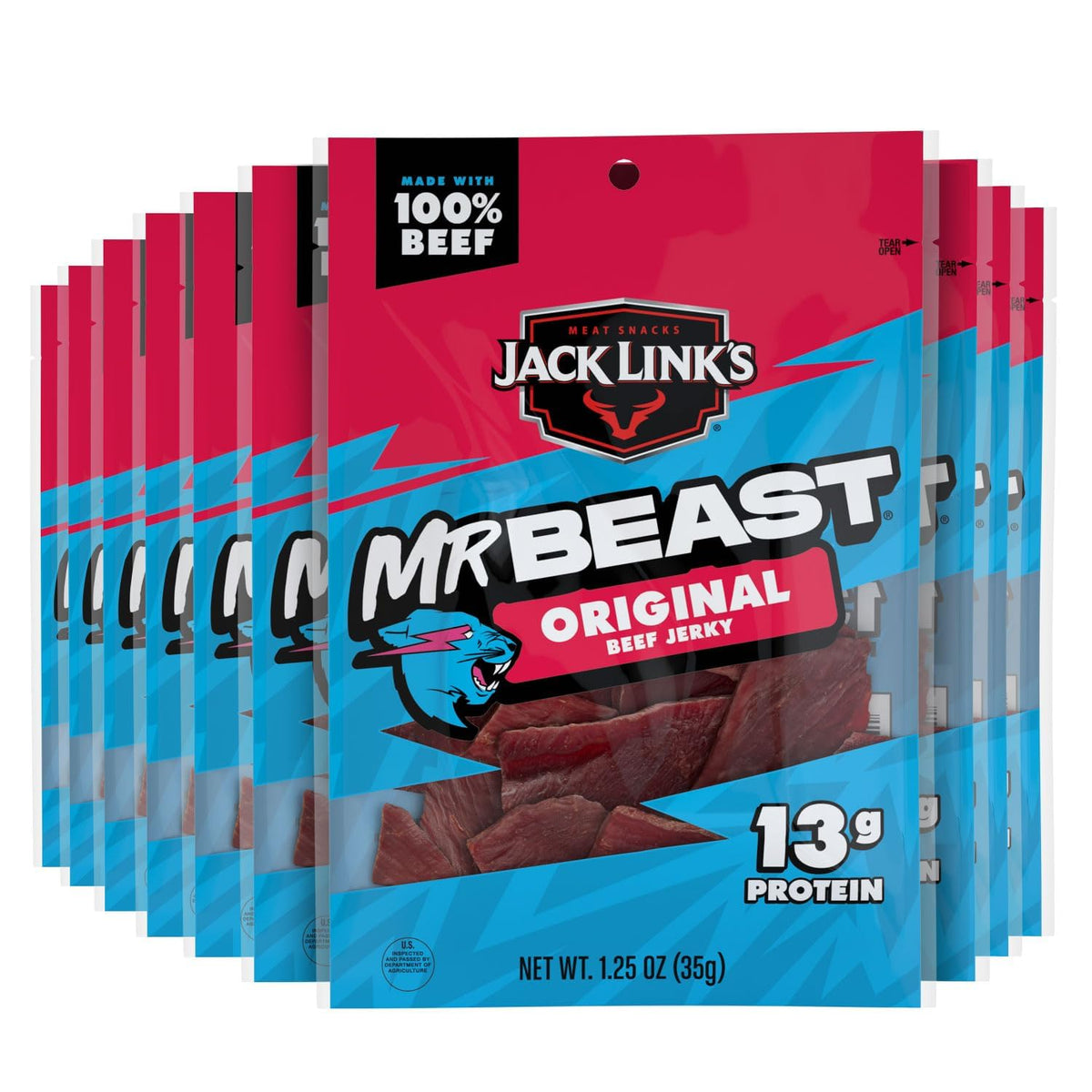Jack Link's MrBeast Original Beef Jerky 10-pack, ready-to-eat protein for busy days.