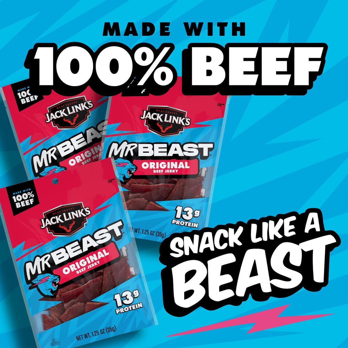 MrBeast beef jerky packs for on-the-go snacking during workouts or commutes.