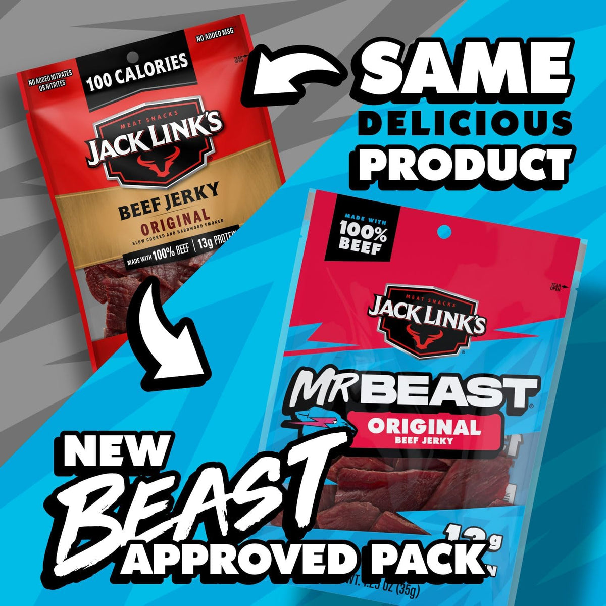 Jack Links MrBeast original beef jerky on-shelf packaging highlights bold flavor.