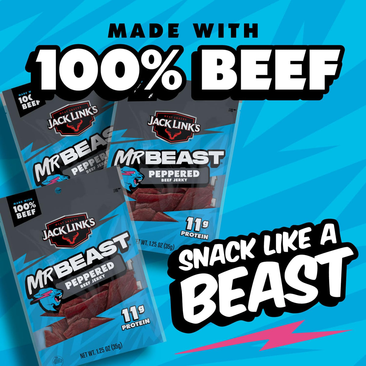 Each serving of Jack Link's MrBeast Peppered Jerky provides 11g protein for active days.