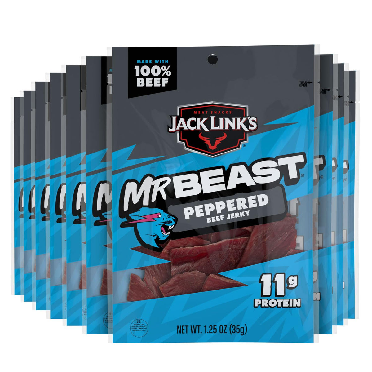 Jack Link's MrBeast Peppered Beef Jerky in resealable pack offers convenient protein for on-the-go snacking.