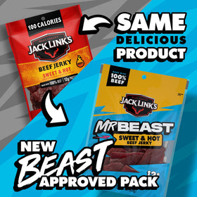 Close-up of Jack Link's MrBeast Sweet & Hot jerky bag showing glossy strips.