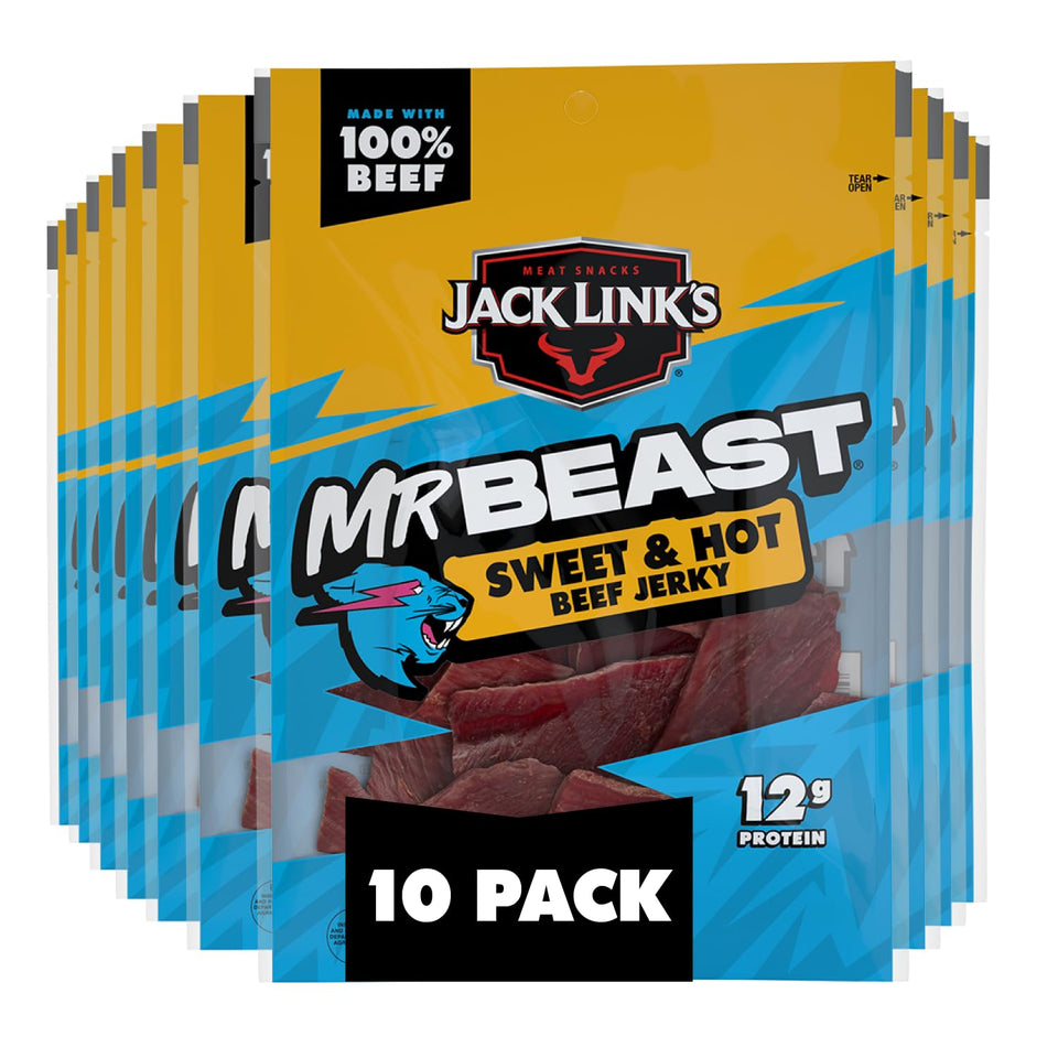 Jack Link's MrBeast Sweet & Hot jerky pack front view, ready-to-eat protein snack.