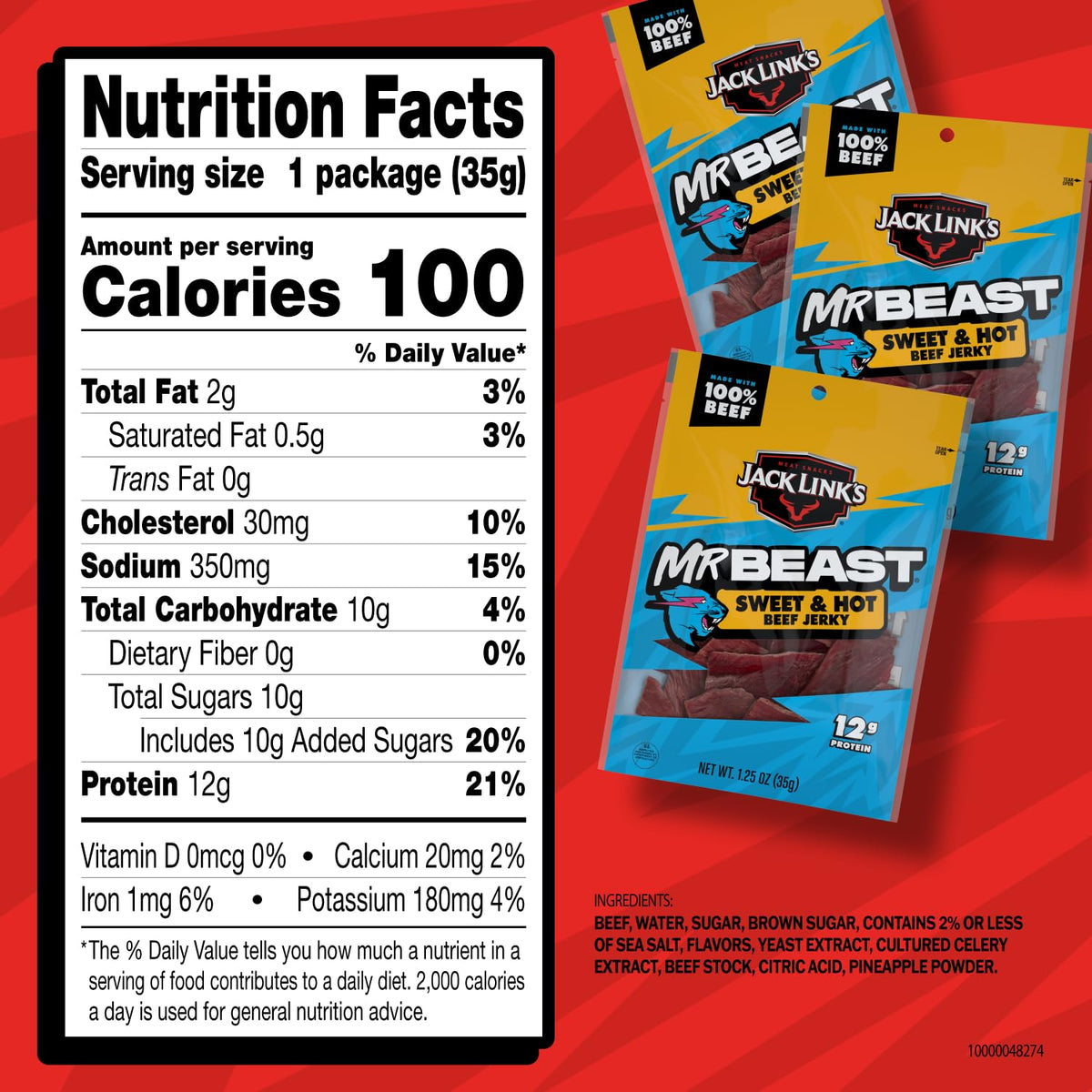 Jack Link's MrBeast Sweet & Hot jerky pack side view highlighting portable 10-pack.