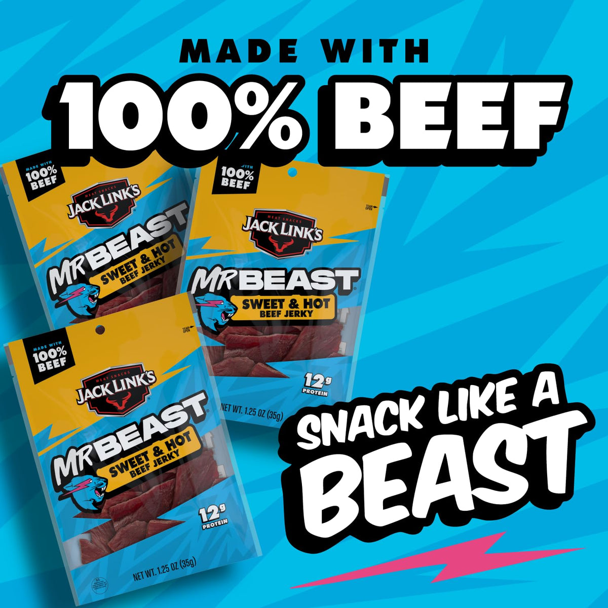 Single-serving Jack Link's MrBeast jerky sticks ready to eat.