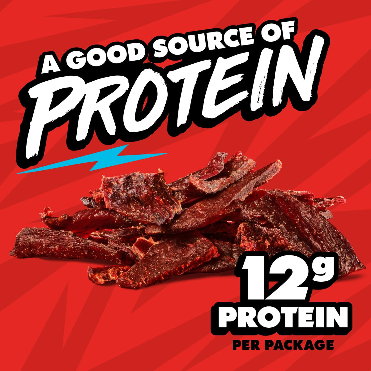 Close-up of Jack Link's MrBeast jerky strips, rich color and tender texture.