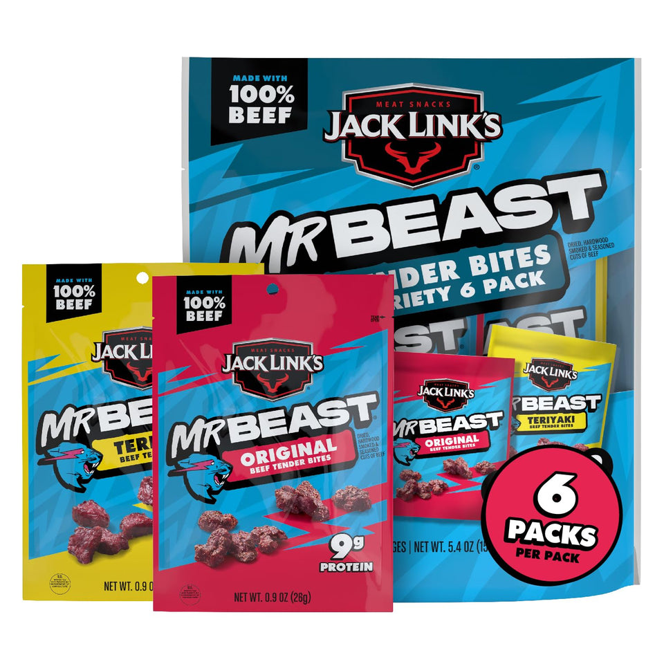 Jack Link's MrBeast Tender Bites packaging for on-the-go protein snacking.