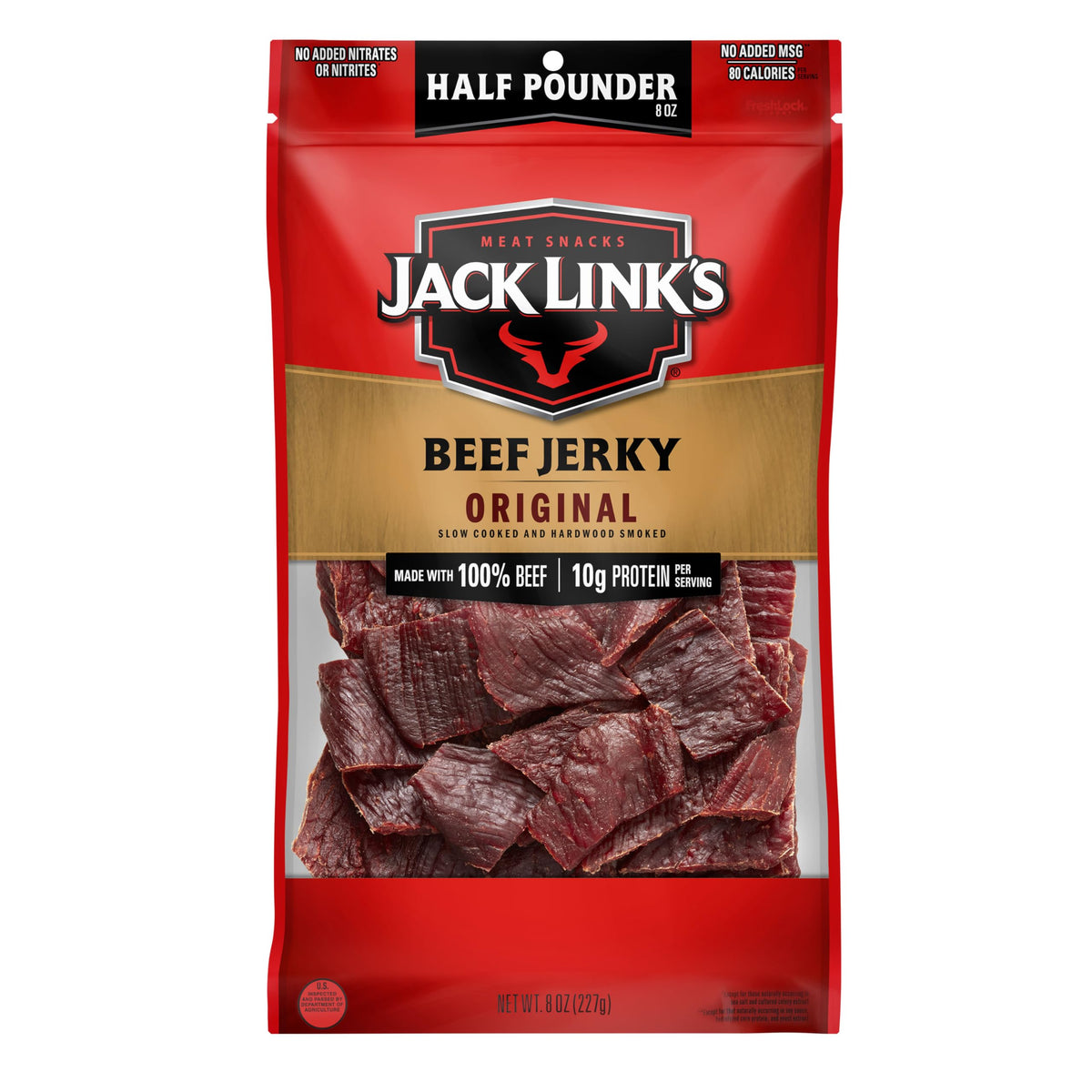 Jack Link's Original Beef Jerky bag close-up, highlighting convenient 8 oz large bag