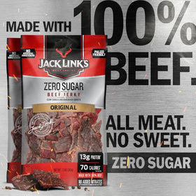 Open Jack Link's Zero Sugar Jerky bag on kitchen counter showing texture