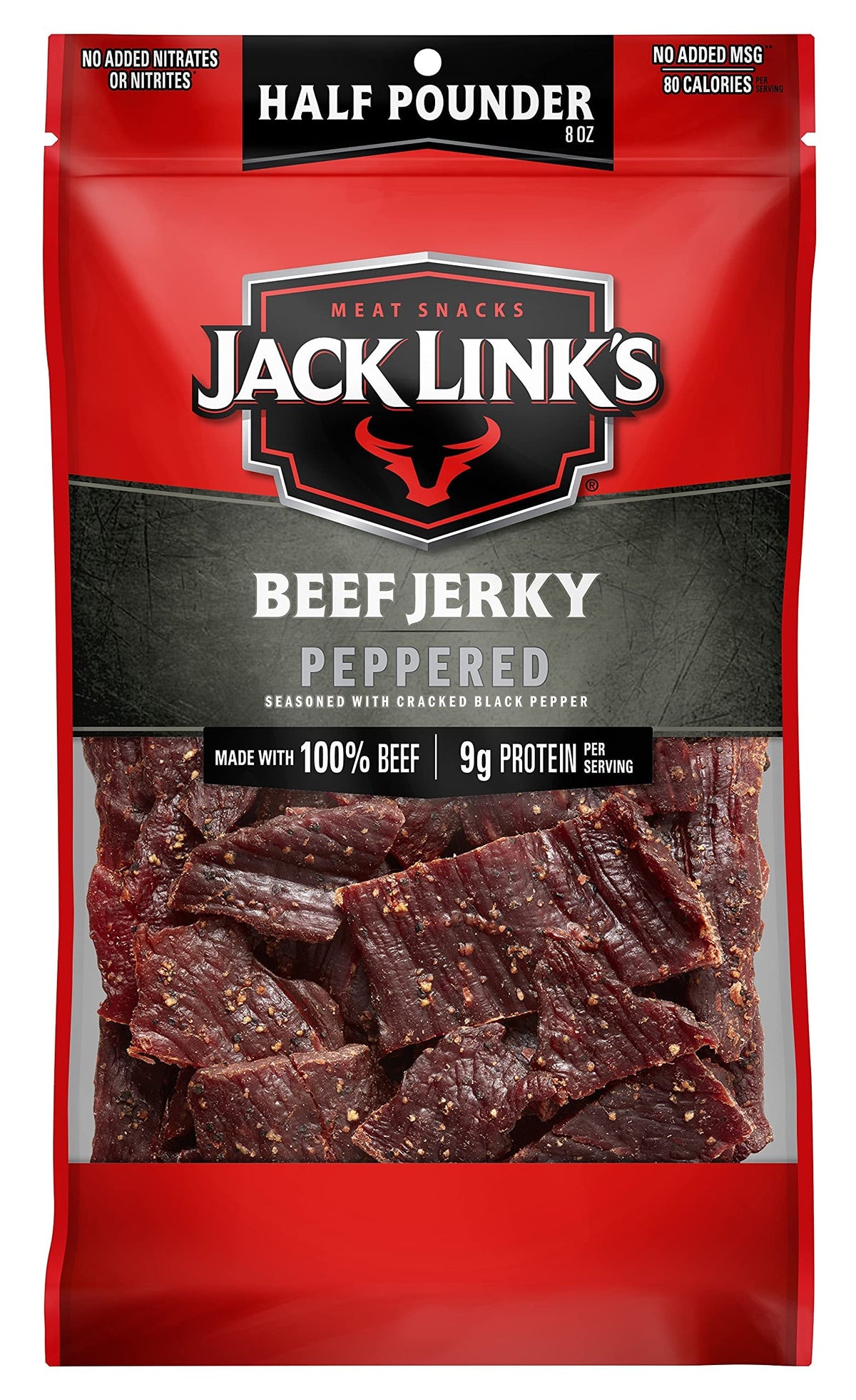 Jack Link's Peppered Beef Jerky 8oz bag ready for on-the-go snacking.