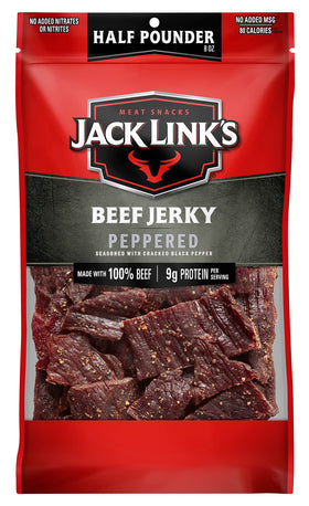 Jack Link's Peppered Beef Jerky 8oz bag ready for on-the-go snacking.
