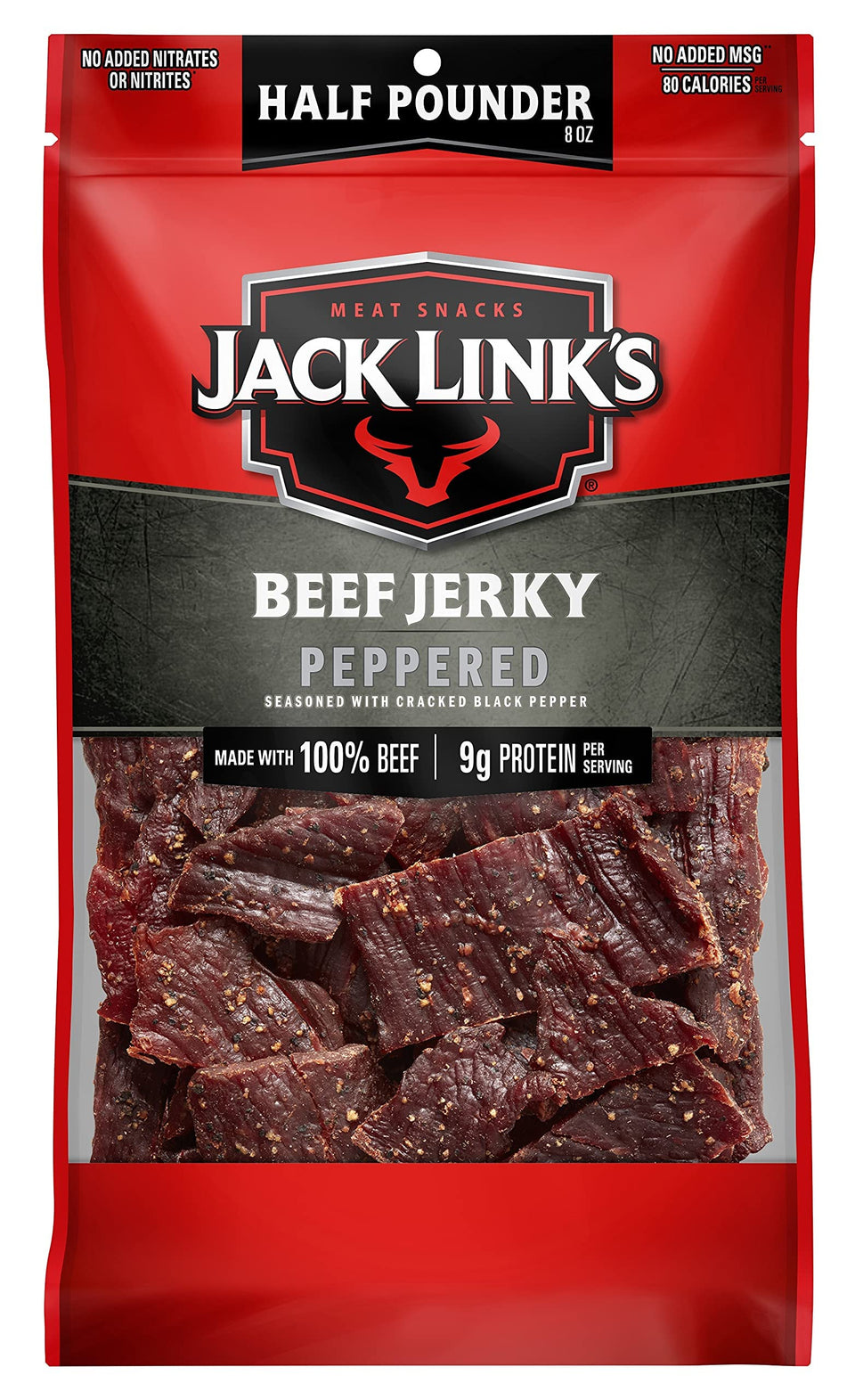 Jack Link's Peppered Beef Jerky 8oz bag ready for on-the-go snacking.