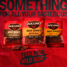 Lean beef slices in Jack Link's Peppered Jerky highlight protein-rich snack.