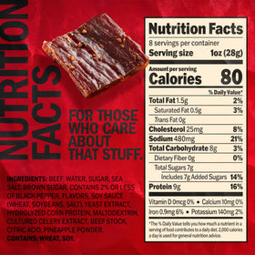 Close-up of Jack Link's Peppered Beef Jerky showing coarse pepper and bold flavor.