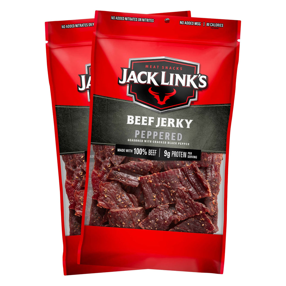 Jack Link's Peppered Beef Jerky two-pack ready to eat for on-the-go protein.