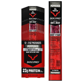 Jack Link's Peppered Beef Steaks 12-pack on store shelf, ready-to-eat protein snack.