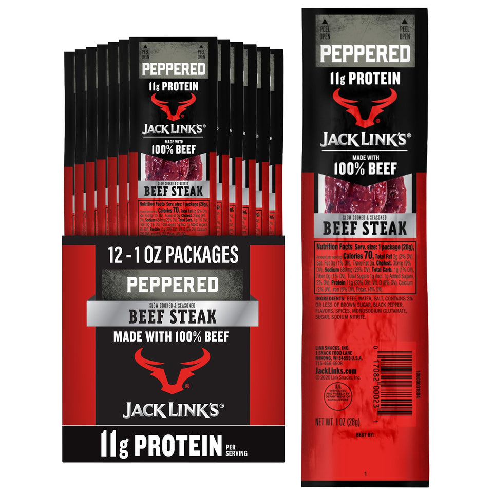 Jack Link's Peppered Beef Steaks pack-shot for on the go protein.