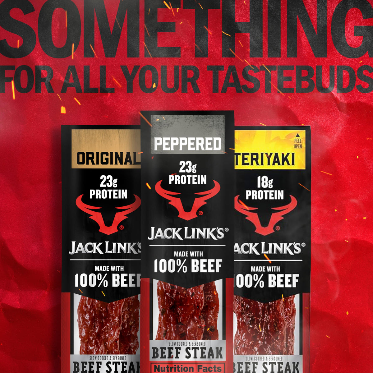 Jack Link's Peppered Beef Steaks packaging with nutrition label.