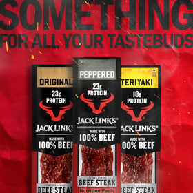 Jack Link's Peppered Beef Steaks packaging with nutrition label.