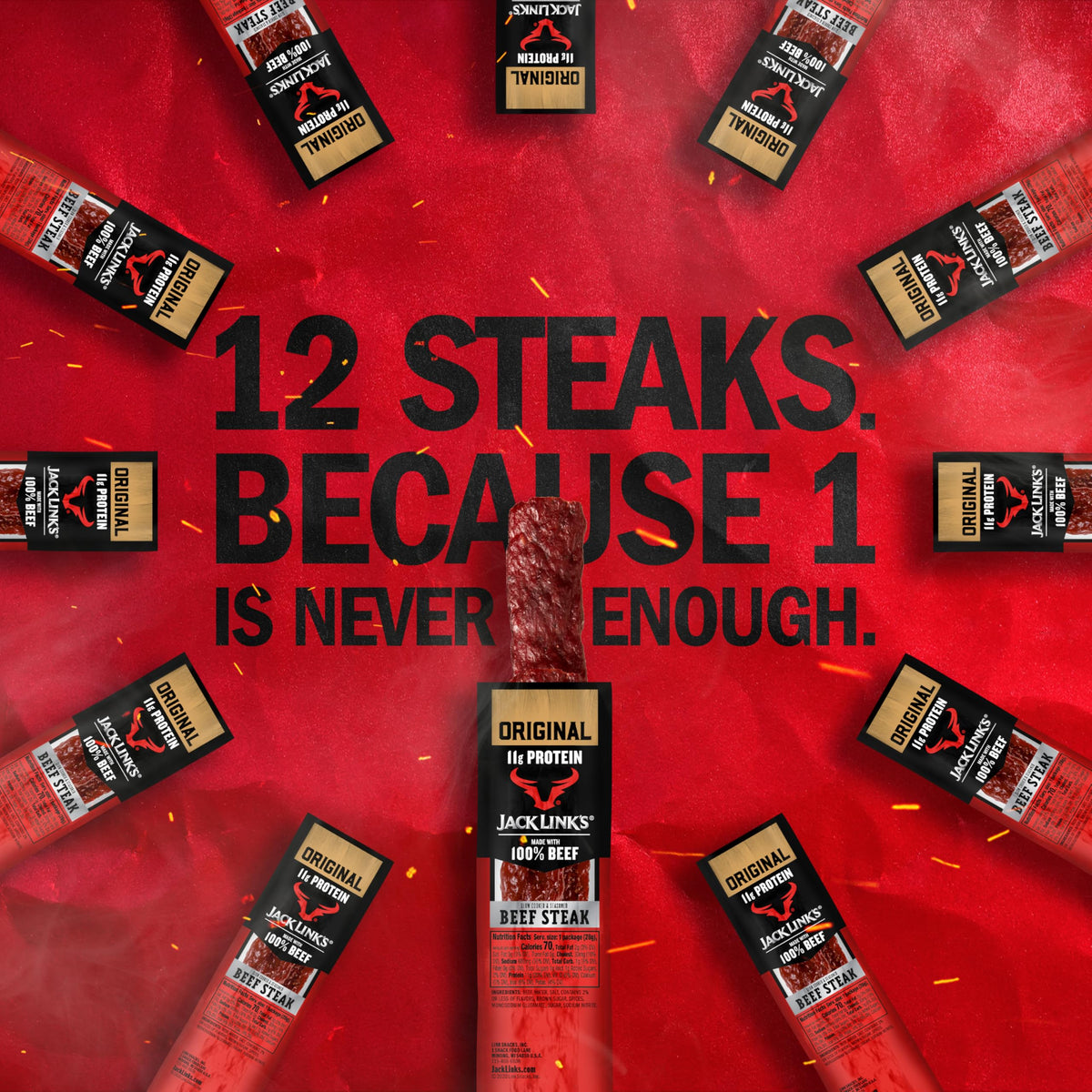 Jack Link's beef steak nutrition highlights 11g protein per serving.