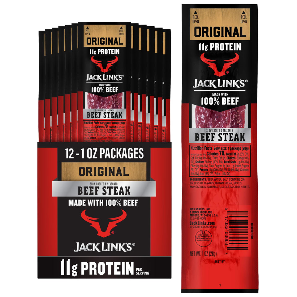 Jack Link's Premium Cuts Beef Steak packaging shows a convenient 12-pack for lunches.