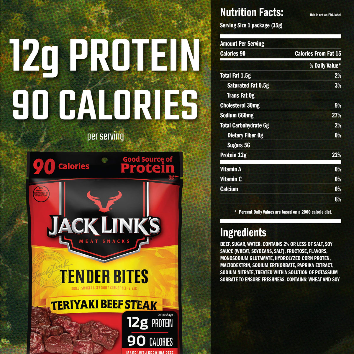 Nutrition panel of Jack Link's Premium Cuts Tender Bites showing protein content