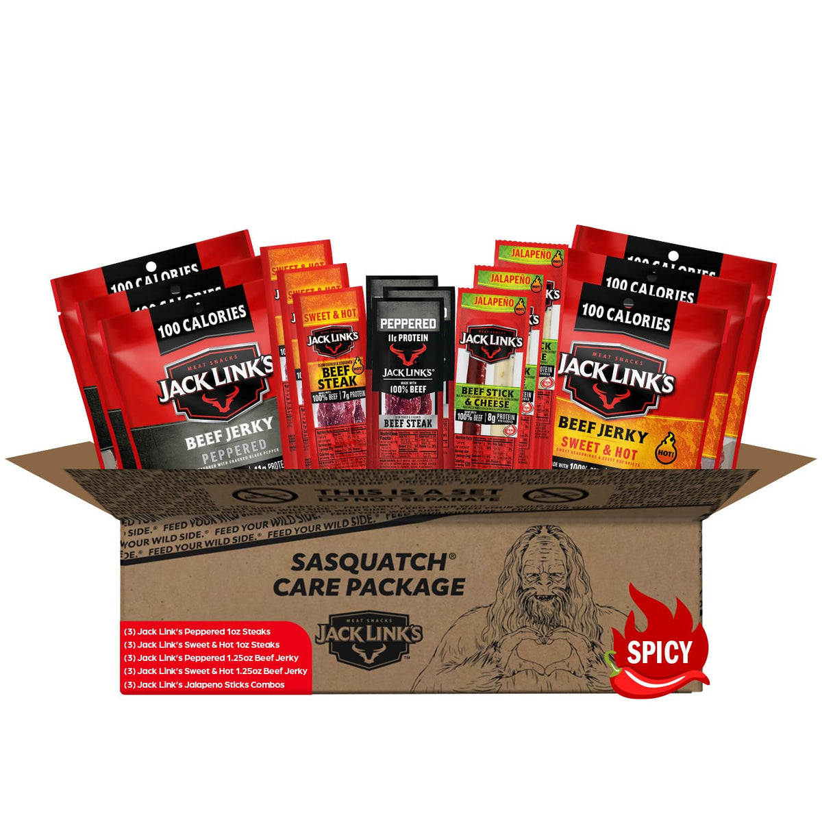 Jack Link's spicy beef jerky gift basket showcasing premium protein for on-the-go snacking.