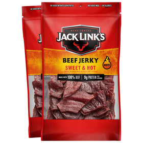 Jack Link's Sweet & Hot beef jerky two-pack, ready-to-eat on the go, high-protein snack.