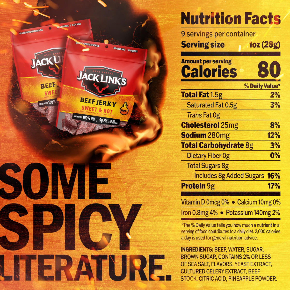 Close-up of Jack Link's Sweet & Hot jerky bags, showcasing texture and flavor.