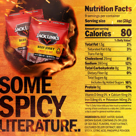 Close-up of Jack Link's Sweet & Hot jerky bags, showcasing texture and flavor.