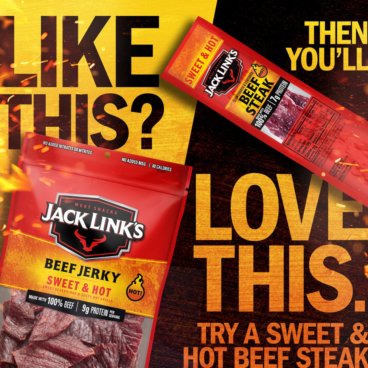 Ingredients and smoke-kissed profile of Jack Link's beef jerky.
