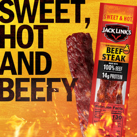 Jack Link's Sweet and Hot beef steaks pack opening, convenient 2-oz portions