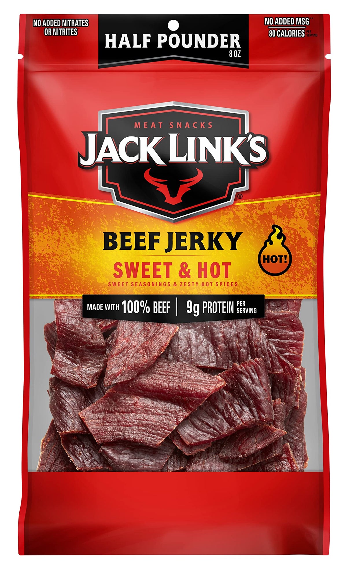 Jack Link's Sweet & Hot half-pounder jerky bag for on-the-go protein.