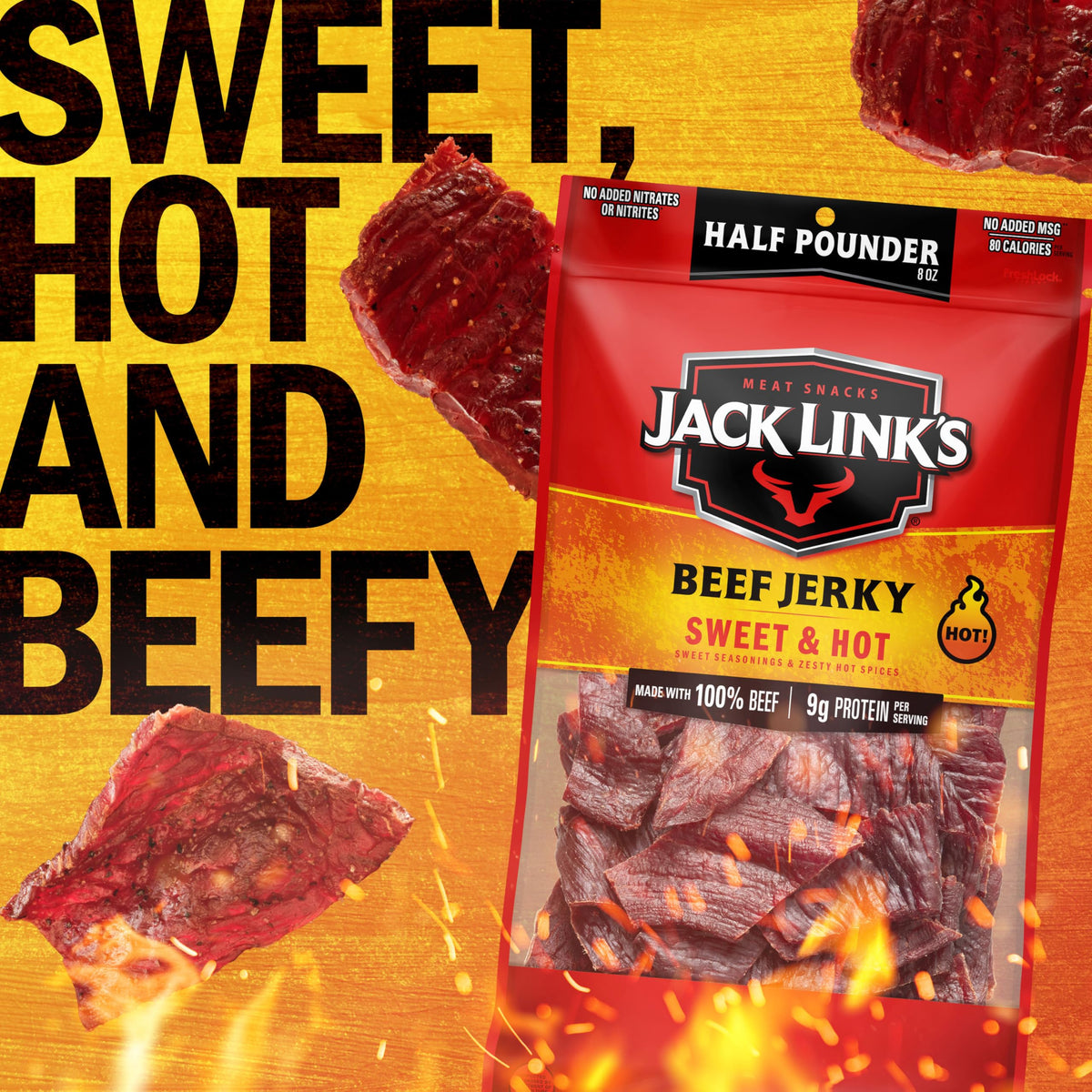 Jack Link's Sweet & Hot seasoning enhances a flavorful jerky bite.