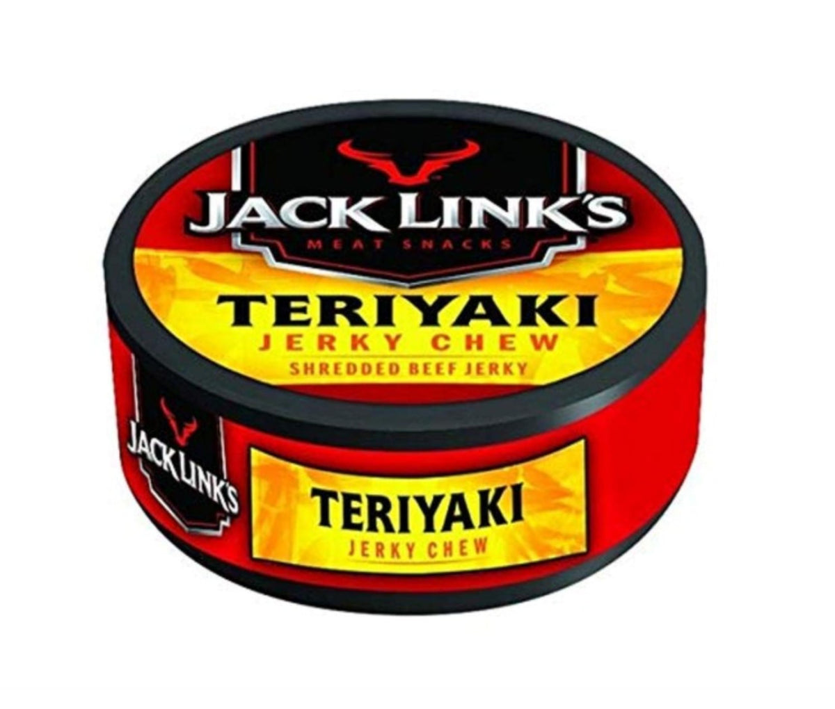 Jack Link’s Teriyaki Beef Jerky Chew tin – portable protein snack for busy days.