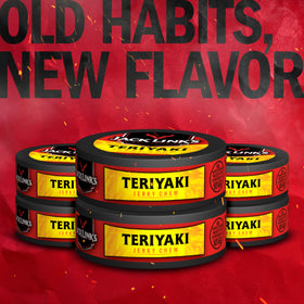 Opened tin with Teriyaki glaze visible, emphasizing ready-to-eat convenience.