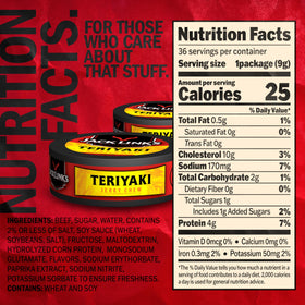 Close-up of shredded jerky texture inside a tin, highlighting 4g protein per serving.