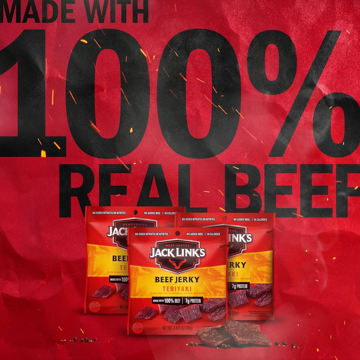 Open pouch reveals ready-to-eat strips from Jack Link's Teriyaki Beef Jerky