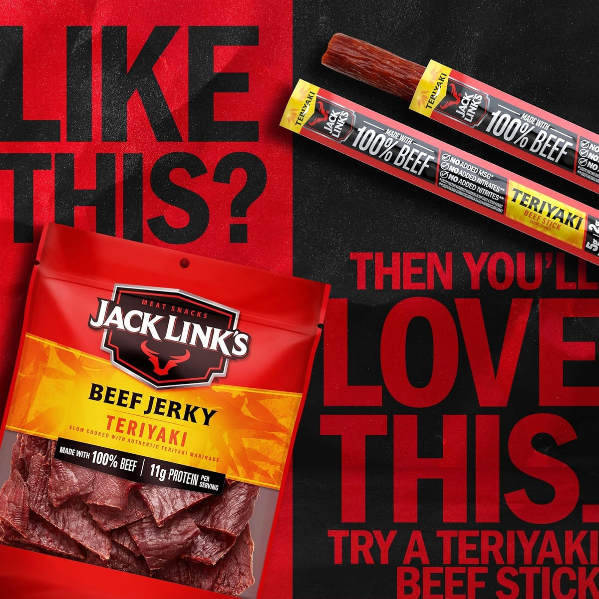 Resealable packaging of Jack Link's Teriyaki Beef Jerky for pantry freshness